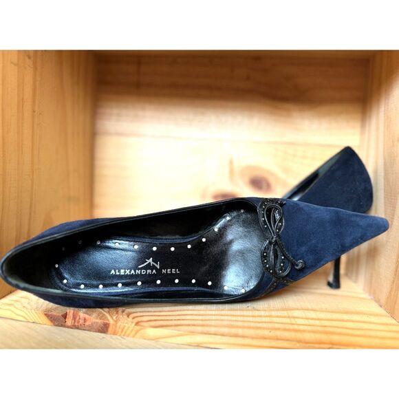 Alexandra Neel Royal Navy Blue Suede Leather Pointy Heels Size IT 38.5 = US 7.5 - Picture 11 of 12